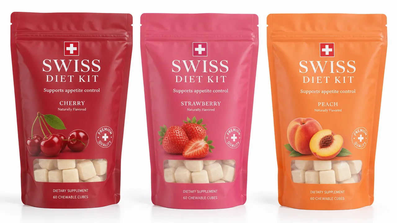 Swiss Diet Kit chewable fiber cubes in Cherry, Strawberry and Peach